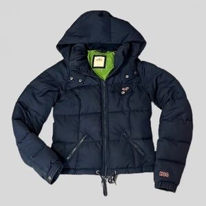 Hollister Down Puffy Coat Women’s Sz Small Navy Blue Winter Cozy Feather Jacket